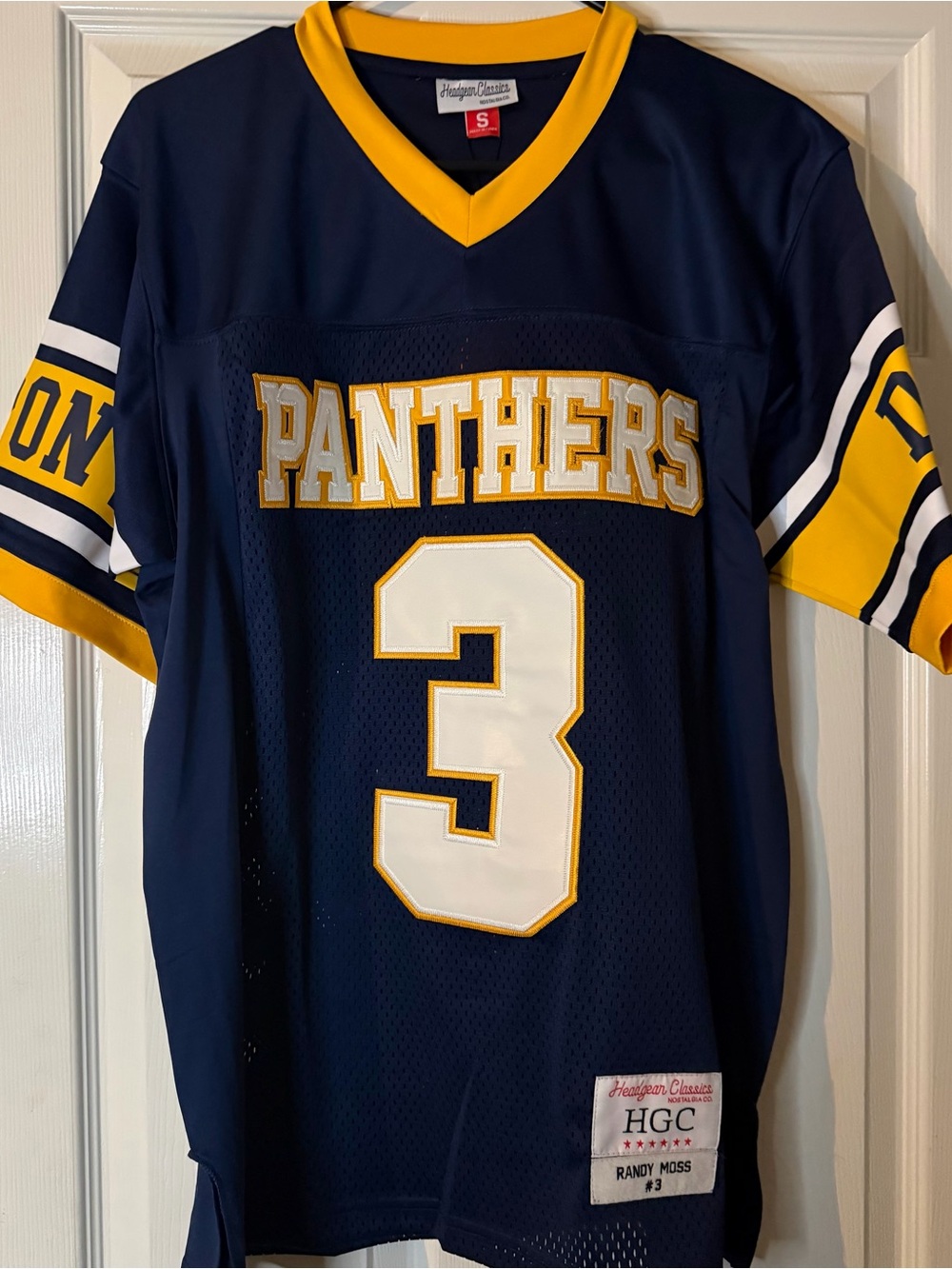 Panthers Navy & Gold #3 Randy Moss high school Football Jersey - Men's S